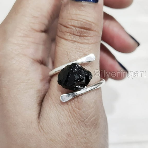 Natural Black Tourmaline Ring, Rough Tourmaline Ring, October Birthstone, Cross Band, 925 Sterling Silver, Womens Ring, Christmas, Thanksgiving, Handmade, Statement Jewelry, Raw Gemstone Jewelry
