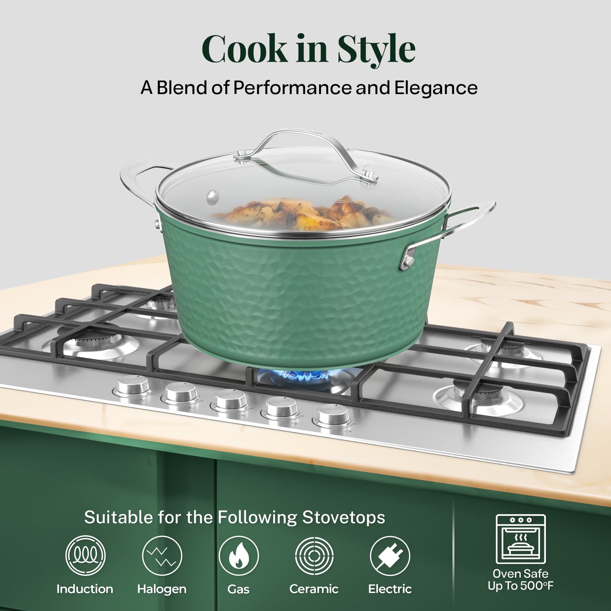 Gotham Steel 10 Pc Hammered Pots and Pans Set Non Stick, Easy Clean Kitchen Ceramic Cookware Set Nonstick, Long Lasting Pot and Pan Set with Skillet, Oven Safe, No Forever Chemicals, Sage Green