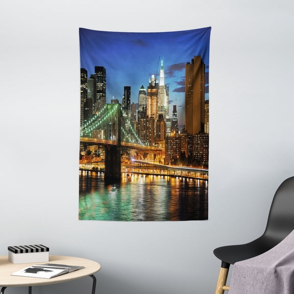 City Tapestry, New York at Night with Brooklyn Bridge Skyscrapers Famous Metropolis Manhattan USA, Wall Hanging for Bedroom Living Room Dorm Decor, 40W X 60L Inches, Multicolor, by Ambesonne