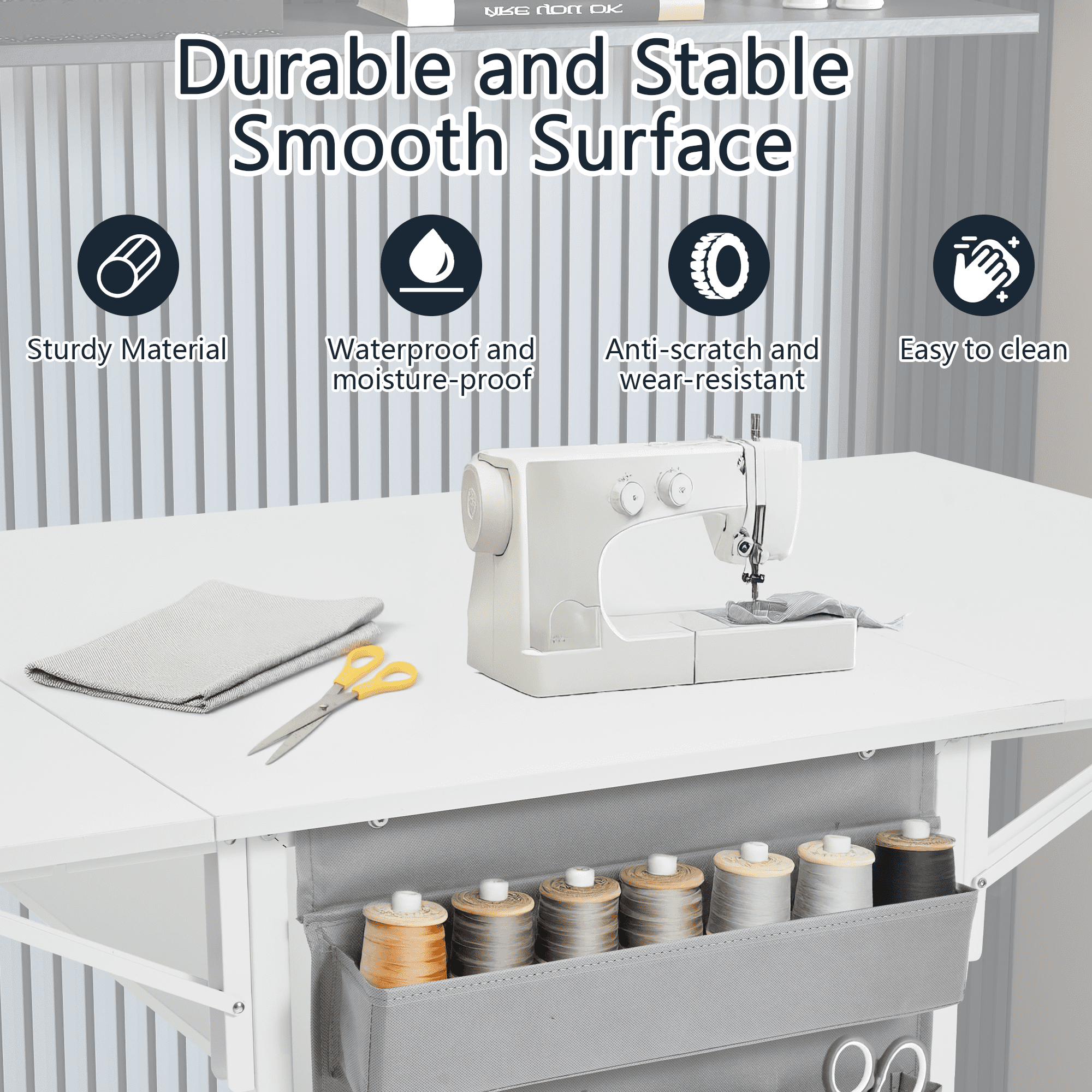 Erinnyees Sewing Table with Storage Shelves and Storage Bag, Mobile Folding Cutting Table for Large Fabric, Foldable Desk for Home Office Sewing Room Craft Room, Fixed Height 36in