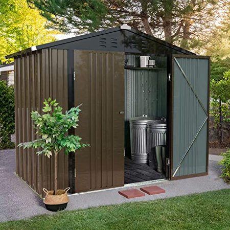 LEMBERI 6x8 FT Outdoor Storage Shed,Tool Garden Metal Sheds with Lockable Door,Outside Galvanized Steel Storage House for Backyard Garden, Patio, Lawn Brown