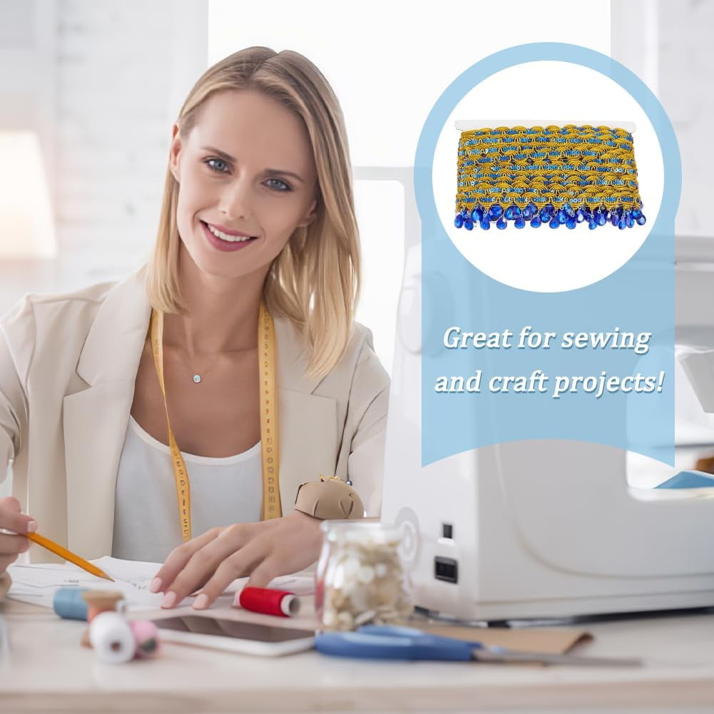 9.8Yards(9m) Hanging Beads Fringe Lace 1.9inch Wide Blue Rhinestone Bead Fringe Trim Polyester Sewing Fringe Tassel Trim by The Yard for Handmade DIY Clothing Curtain Decoration