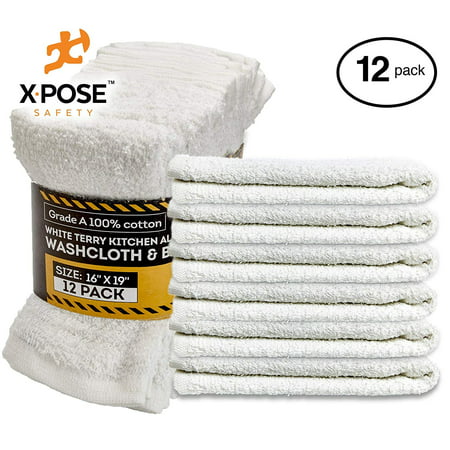 Bar Mop Towels 12 Pack - Terry Cloth Cotton - Premium Quality Absorbent Home, Kitchen and Restaurant White Cleaning Rags - 16