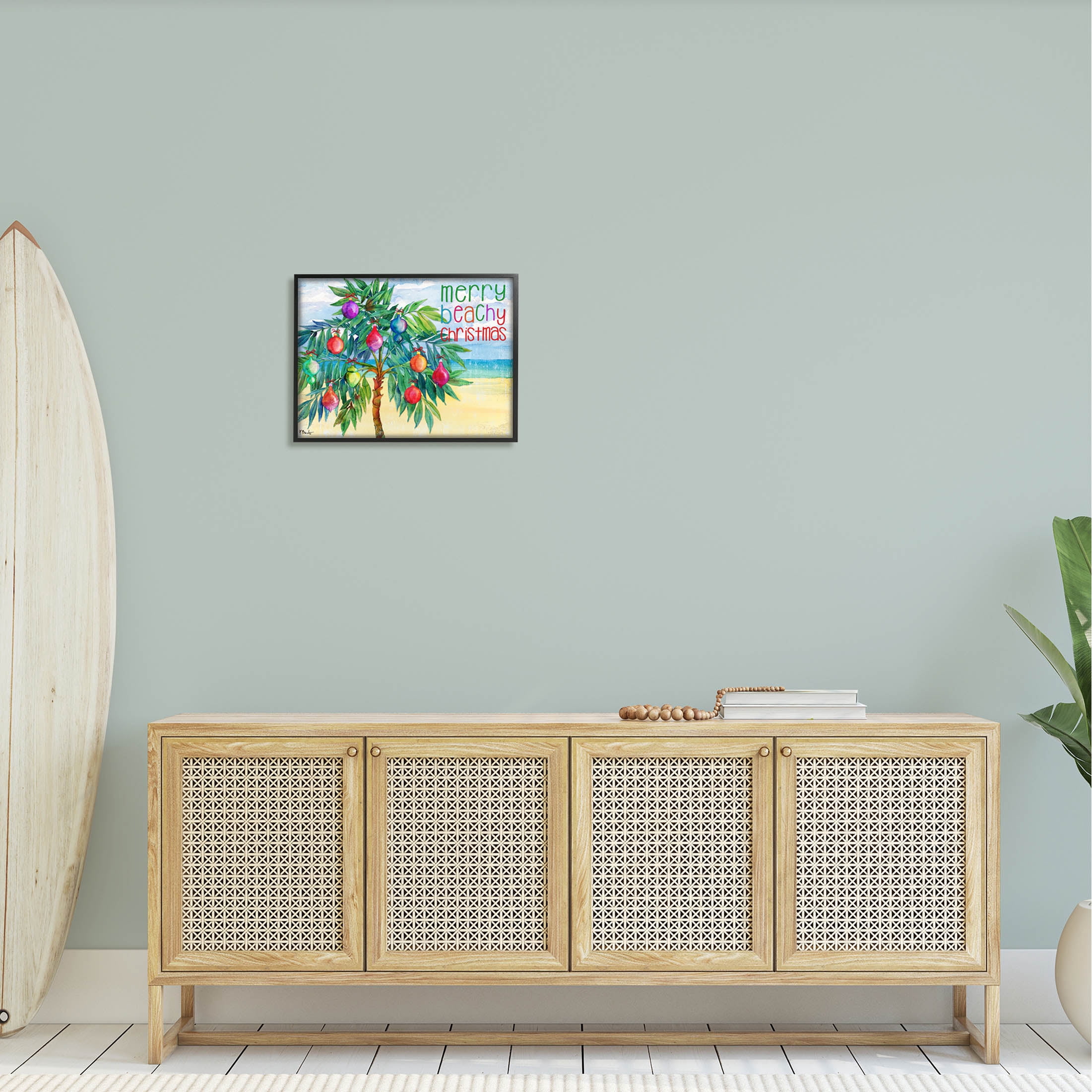 Stupell Industries Merry Beachy Christmas Holiday Palm Graphic Art Black Framed Art Print Wall Art, Design by Paul Brent
