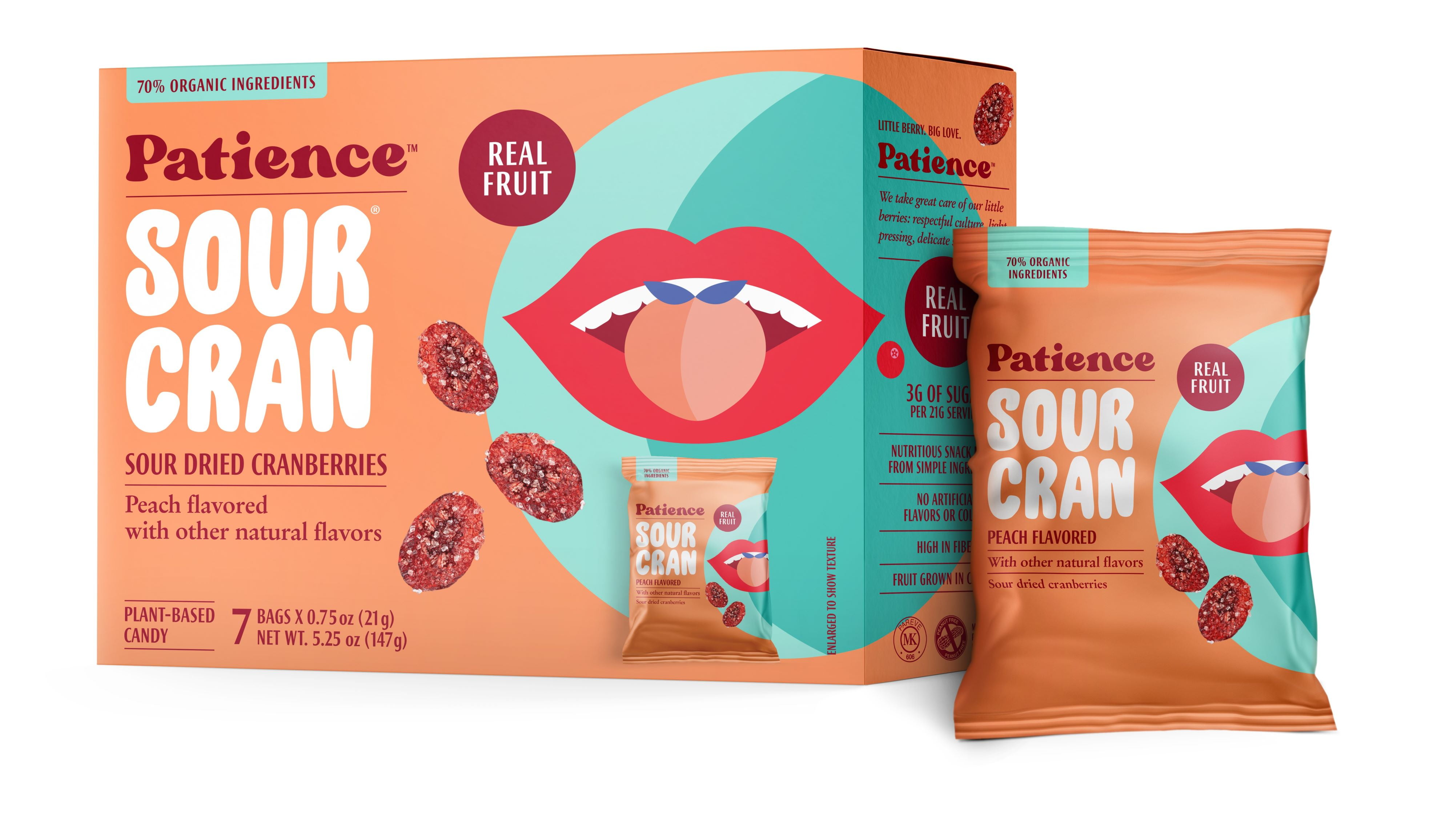(2 pack) Patience SourCran Dried Cranberry Fruit Snack, Peach Flavor, 0.75 oz Pouch, 7 Count