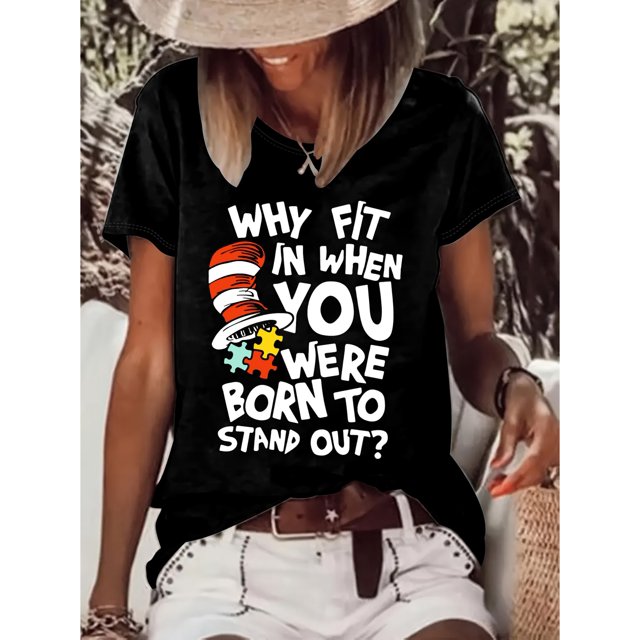 Women's Olive Green Graphic T-Shirt - "Why Fit In When You Were Born to Stand Out?" Design, Casual Round Neck, Short Sleeve, Polyester Knit, Machine Washable, Everyday Tshirt | Relaxed Fit Top | Mach