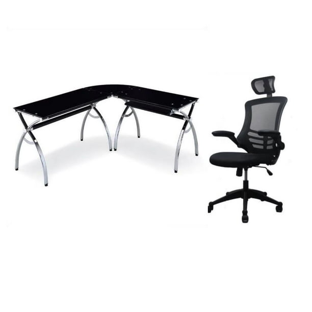 Set Of 2 Gaming L Shaped Glass Desk In Chrome And Chair With