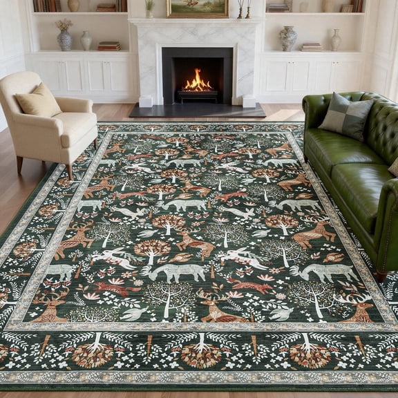 8x10 Area Rugs for Living Room- Green Washable Non Slip Rug Animal Soft Low Pile Carpet Indoor Decor Throw Rug for Bedroom Kitchen Dining Bathroom.