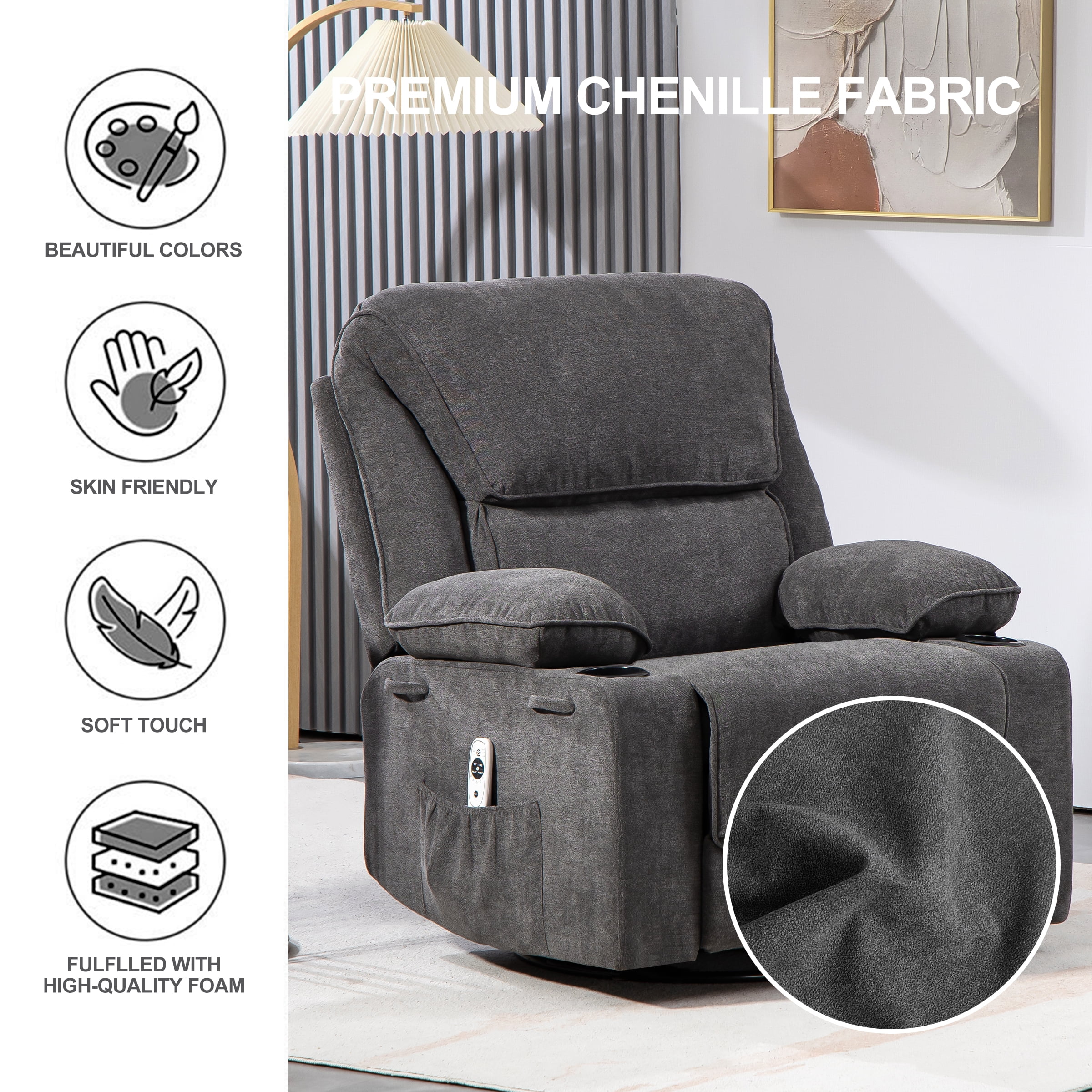 BRTHORY Swivel Rocker Recliner Chair with Heat and Massage, Upholstered Comfy Soft Fabric Recliner Chair for Home Theater, Dark Gray