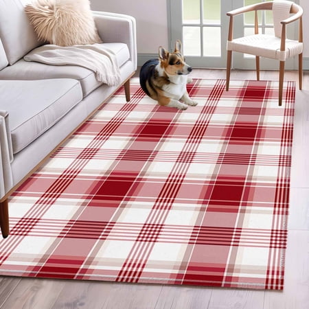 Hallway Runner Rug 2.7'x5', Red Checkered Long Non-slip Runner Rugs, Red White Plaid Farmhouse Washable Outdoor Indoor Throw Floor Carpet Mat for Living Room/Bedroom/Kitchen/Office/Laundry
