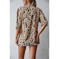 thumbnail image 3 of Blusa de mujer con cuello redondo, mangas abullonadas, detalle estampado y puños fruncidos, top informal para citas, talla M, color caqui elegante, 3 of 8