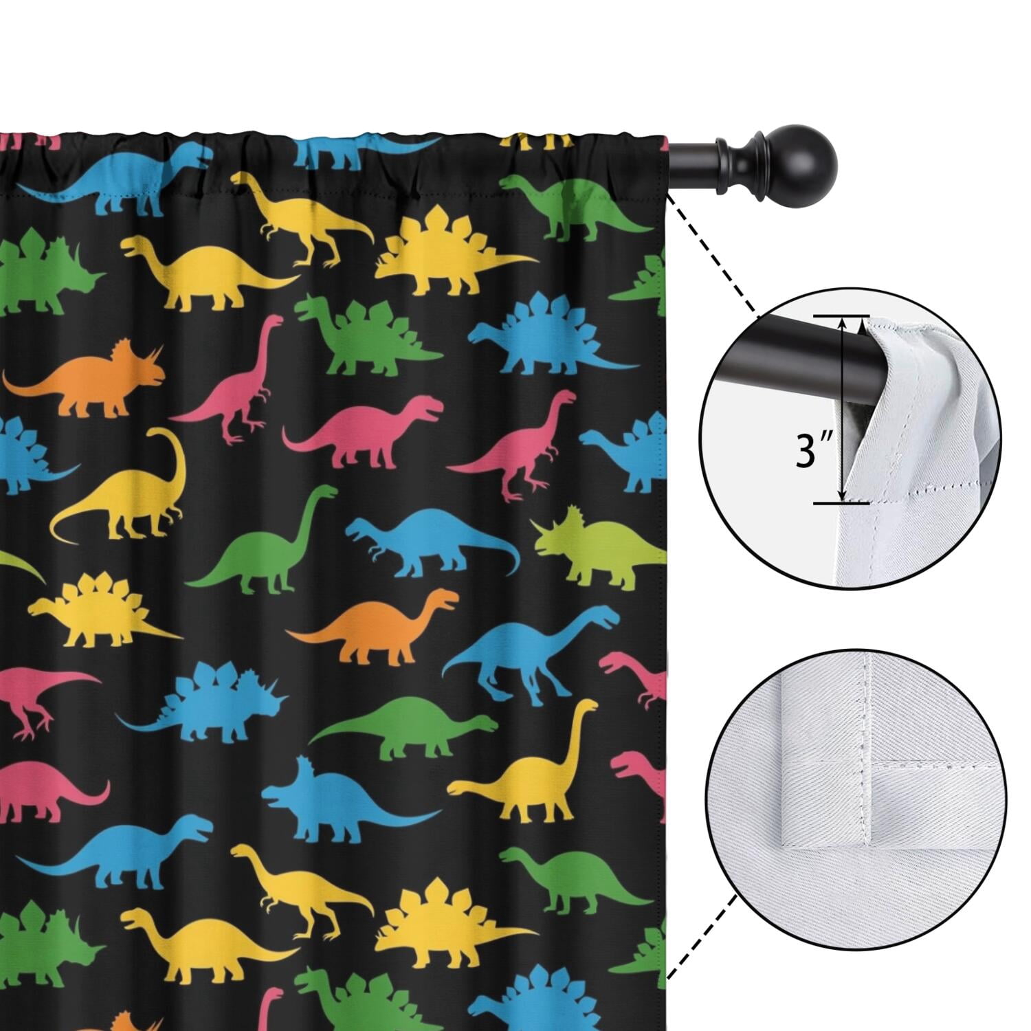 Blackout Kids Curtains,Black Colorful Dinosaurs Silhouette Pattern Childrens Insulated Curtains Set Of 2,Bedroom Essentials,Toddler Room Decor 42"x54"