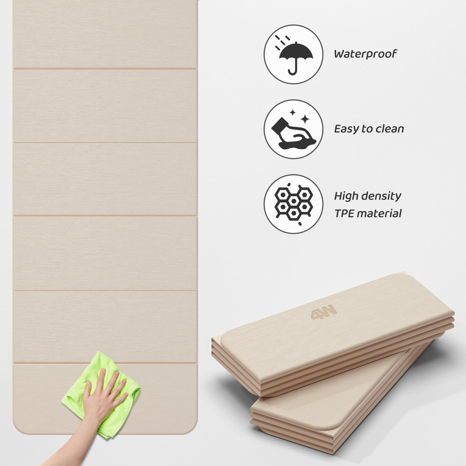 4W Foldable Yoga Mat 8mm Thick, TPE Non-Slip Fitness Mats, 3-in-1 for Yoga/Step Stool/Meditation, Quick Storage No Curling(Beige)