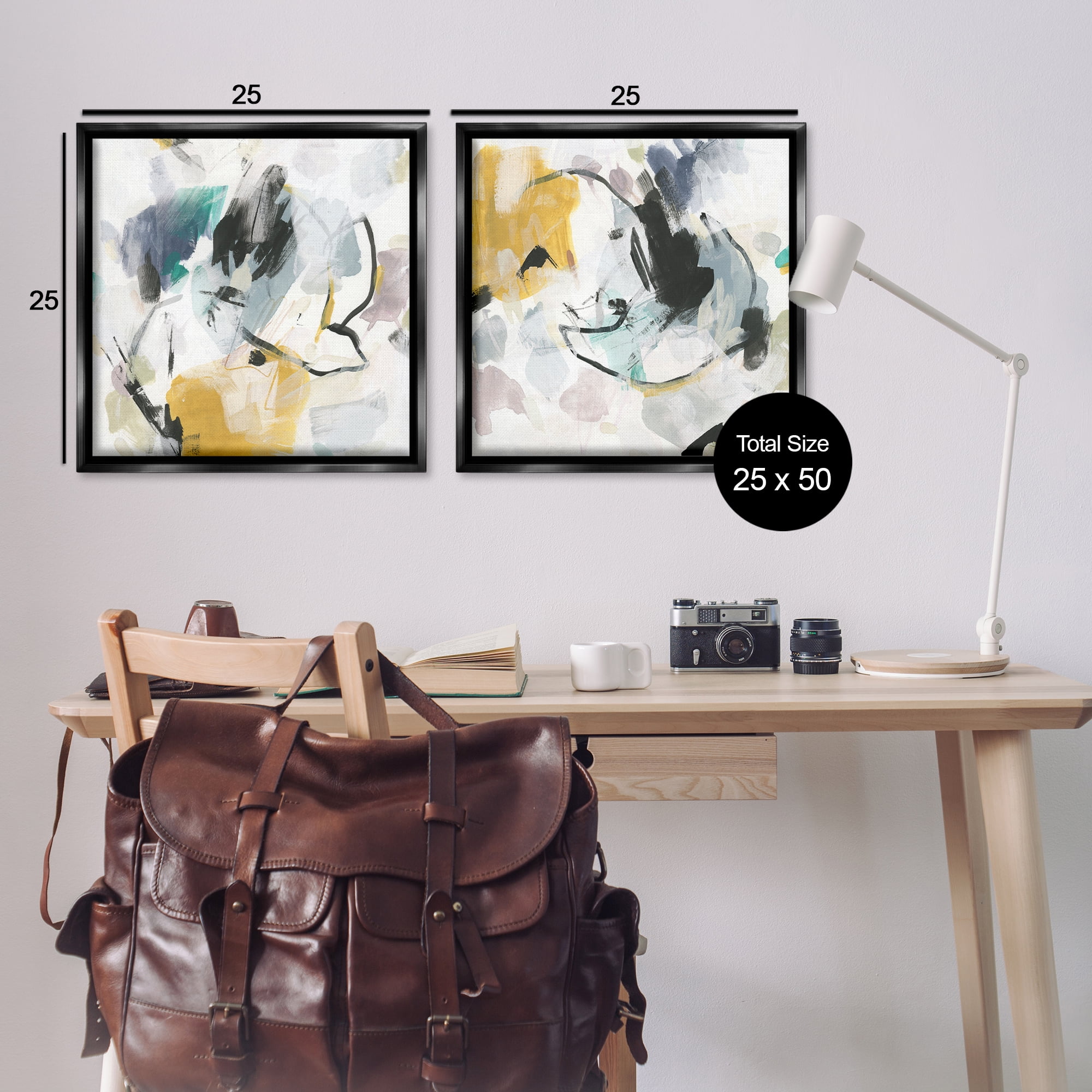 Stupell Industries Black & Yellow Abstract Splash Abstract Painting Black Floater Framed Canvas Art Print Wall Art, 25 x 25, Set of 2
