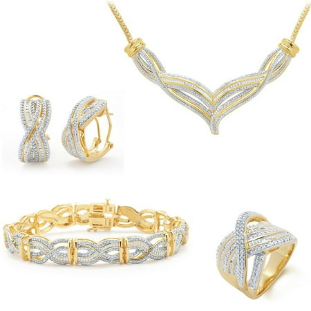 1.0 Carat T.W. Diamond 14K Yellow Gold tone over Brass Necklace, Earring, Ring and Bracelet 4-pcs Fashion Jewelry set.