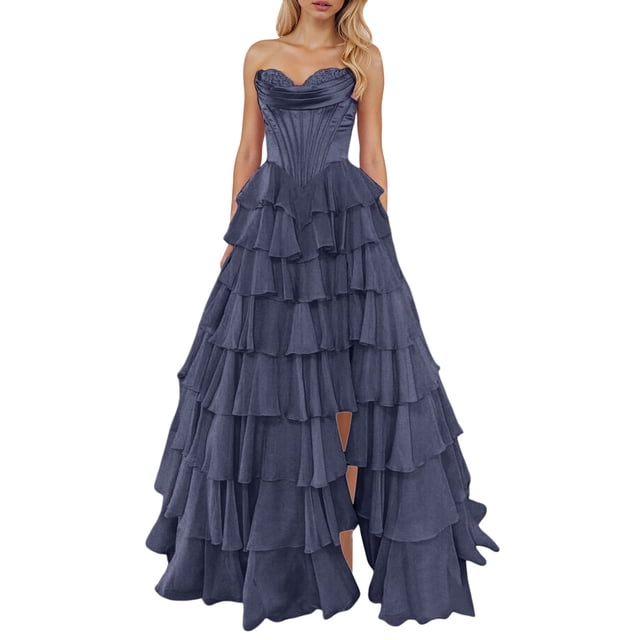 Icvfdpl Robe Florale pour Femmes, Corset Long Sans Bretelles en Chiffon à Volants avec Fente, Robes d'Été Douces pour Femmes, XXXXXxxl
