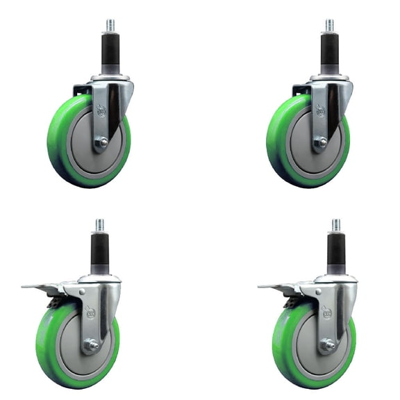 5 Inch Green Poly Swivel 1-1/8 Inch Expanding Stem Caster Set 2 Brakes
