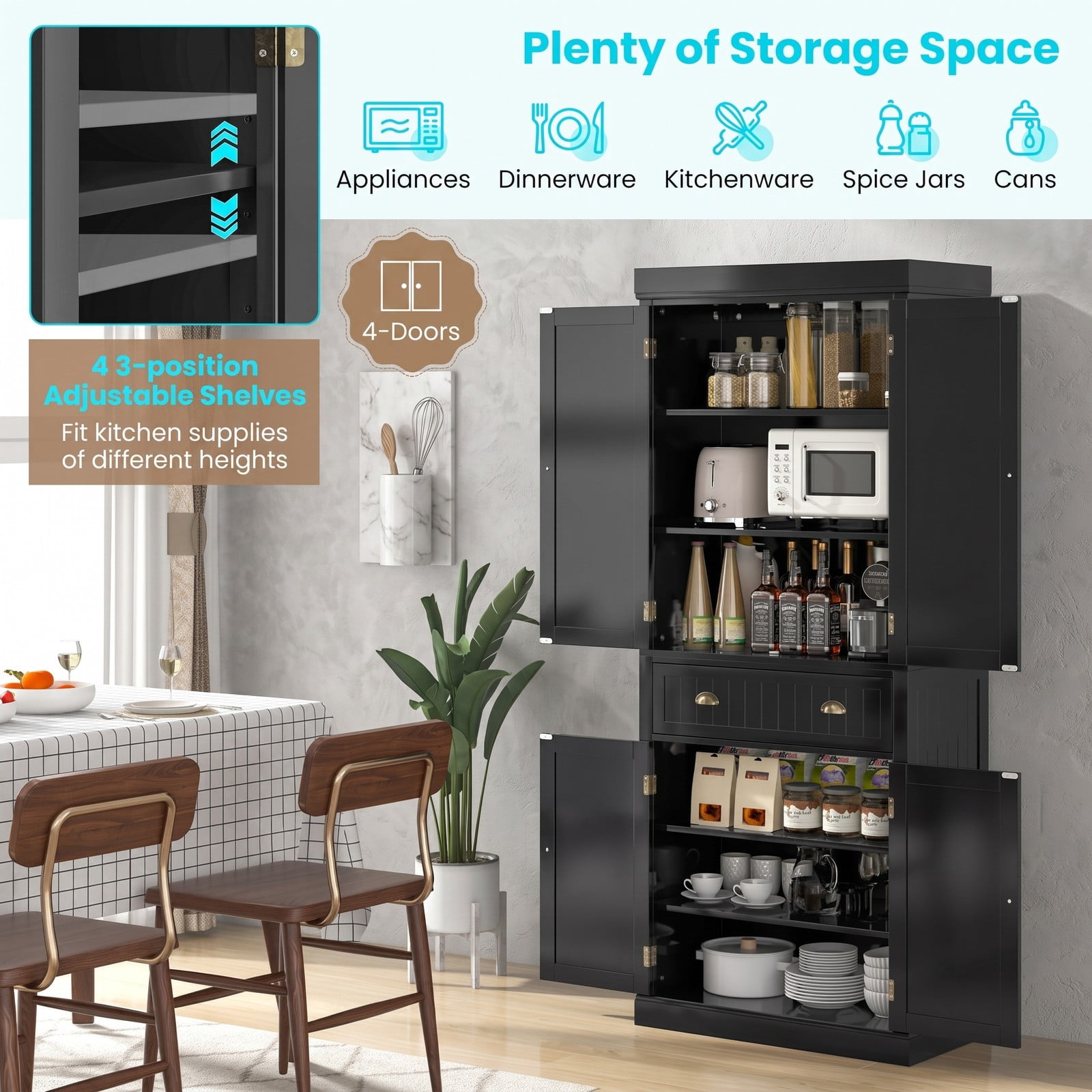 Furnibear Freestanding Tall Kitchen Pantry Cabinet with 4 Doors and Adjustable Shelves and Center Drawer for Kitchen Storage, Black