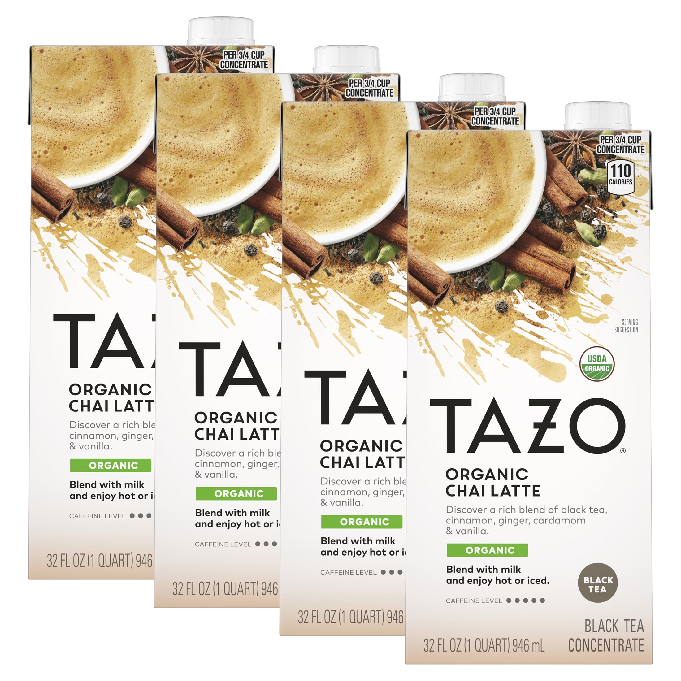 (4 pack) TAZO Spiced Chai Latte Iced Tea Concentrate, Black Tea, 32 oz