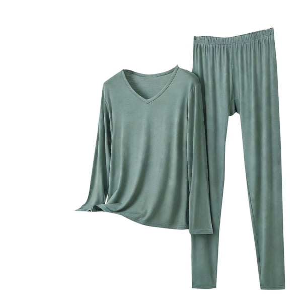 Conjunto de Ropa Interior Larga de Mujer Cuello en V Manga Larga Lencería Casual Ropa de Dormir Pajama Set Confort Suave, Lencería de Manga Larga para Mujeres