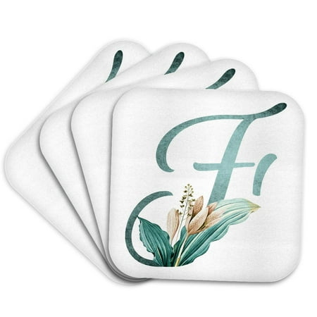 3drose, Green Boho Lily Monogram Initial F, Set of 4 Coasters - Soft