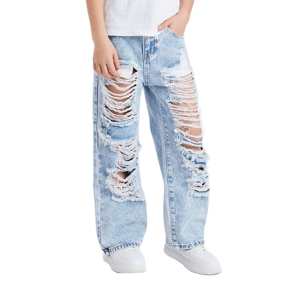 XQYLOS Girls Baggy Jeans Wide Leg Ripped High Elastic Waist Denim Pants Summer Trousers 𝖸𝟤𝗄 Street Fashion Cute Casual Loose Fit Outfits 7-14 Years