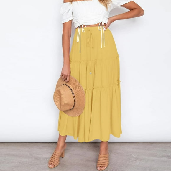 Women’s Elastic High Waist Boho Maxi Skirt Ruffle A Line Swing Long Skirts Full Bed Skirt with Split Corners Split Skirt Cow Skirt Short Wrap Skirt Skirt And Top Set Casual Skirts for Women Cute