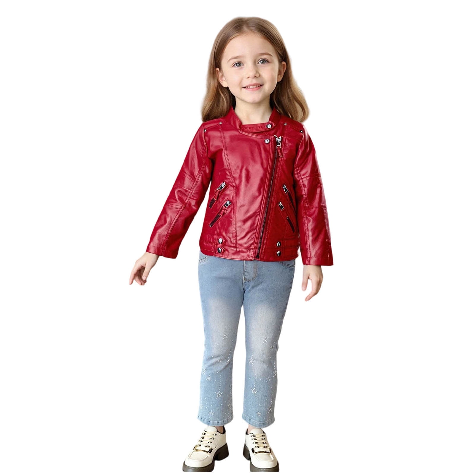 ATOGUTA Faux Leather Jacket Girls Turn-Down Collar Long Sleeve Outerwear Coats Size 2T-14, Red