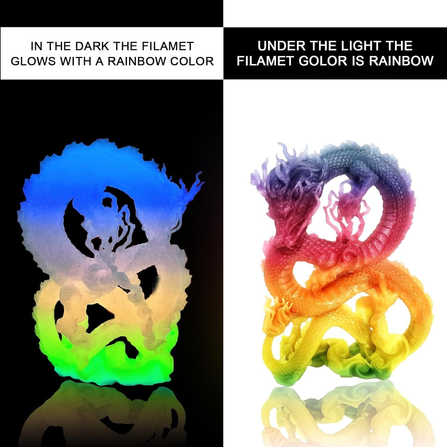 3D Printer Filament Bundle Glow in The Dark Filament Multicolor, Green, Blue, Purple and Rainbow, PLA Filament 1.75 mm, 250g X 4 Packs