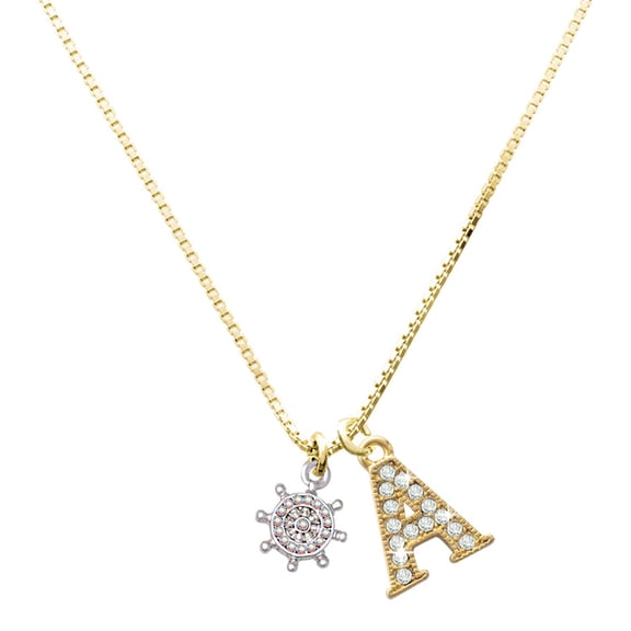 Delight Jewelry Silver-tone Mini AB Crystal Ship Wheel - Navigation - Large Goldtone Crystal Initial - A - Charm Necklace, 17.5" 2"