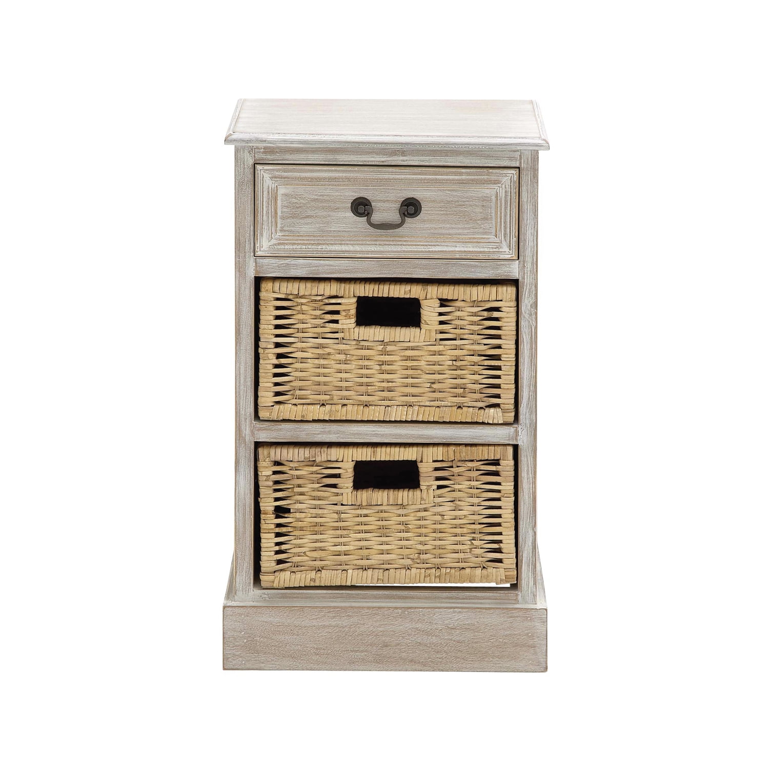 Weathered 3Drawer Storage Chest Night Stand with Wicker Baskets