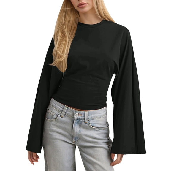 Tops for Women Trendy Solid Wide Sleeve Waist Cinching Sexy Round Neck Plus Size Tops