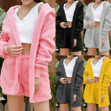 

Women Teddy Fleece Pyjamas Fluffy Tops Coat Shorts Outfits Lounge Nightwear 3PCS