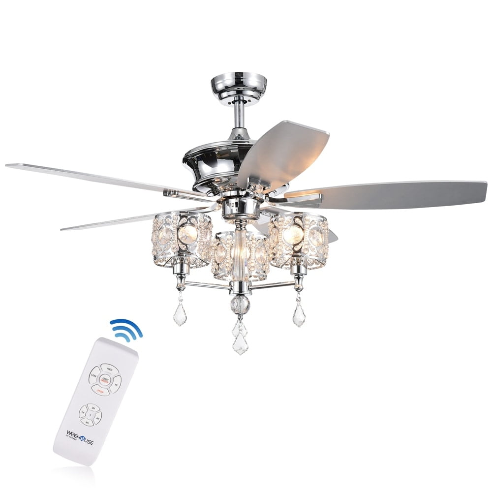 Warehouse of Tiffany Miramis 5-Blade 52-inch Chrome Lighted Ceiling Fan with Crystal Chalice Chandelier with Remote Control