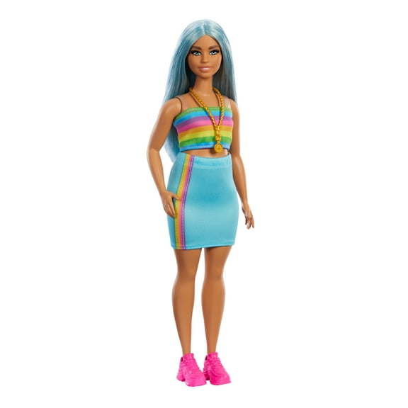 Barbie Fashionistas Doll #218 with Blue Hair, Rainbow Top & Teal Skirt, 65th Anniversary, 12.75 in