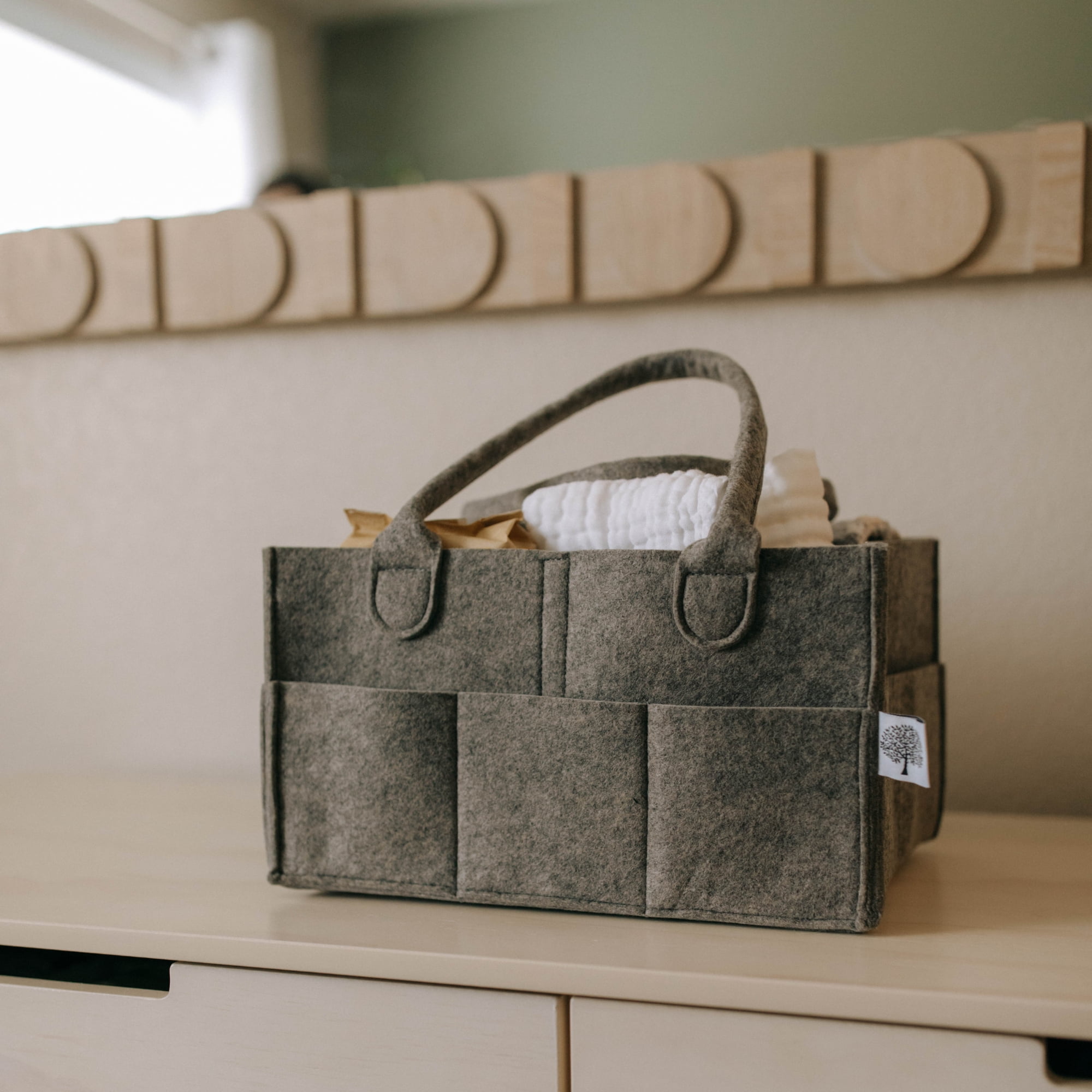 Parker Baby Co. Felt Diaper Caddy - Large Nursery Organizer with Removable Dividers - Dark Gray