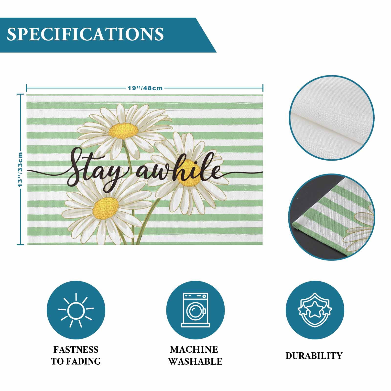 Daisy Flower Placemats Set of 4, Watercolor Farmhouse Country Floral Stripe Placemats for Dining Table, Place Mats for Kitchen Tabletop, Waterproof Wipeable Dining Table Mats Set