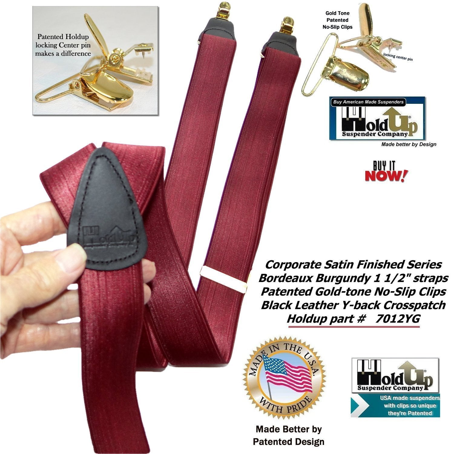 Holdup Suspenders in Bordeaux Burgundy 1 1//2 wide Satin Finish in X-Back with Patented No-slip Gold-tone Clips