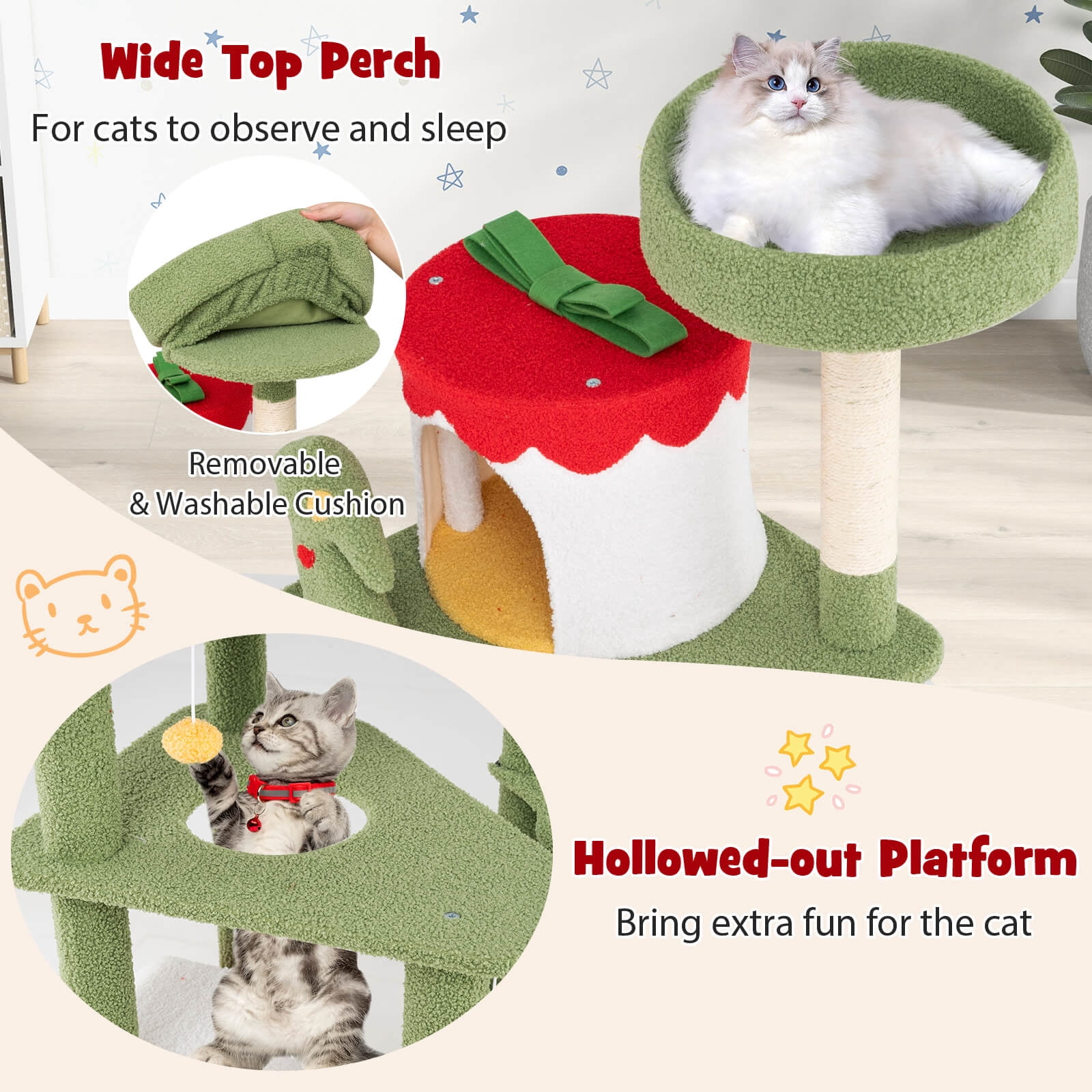 Infans 61" Tall Christmas Cat Tree w/ Sisal Scratching Posts Plush Perch & 2 Condos