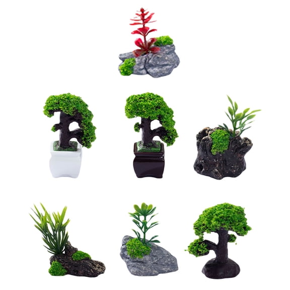 BRIGHTFUFU 7-Piece Miniature Artificial Bonsai Trees for , Landscape, Railroad Scenery, Potted Plant Decor