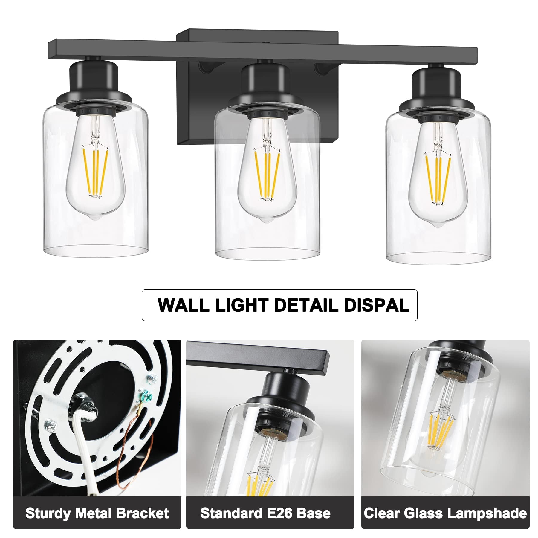 3-light Bathroom Light Fixtures  Black Vanity With Clear Glass Shade Modern Wall Lights Over Mirror Farmhouse Sconces Lighting For Bedroom Livingroom