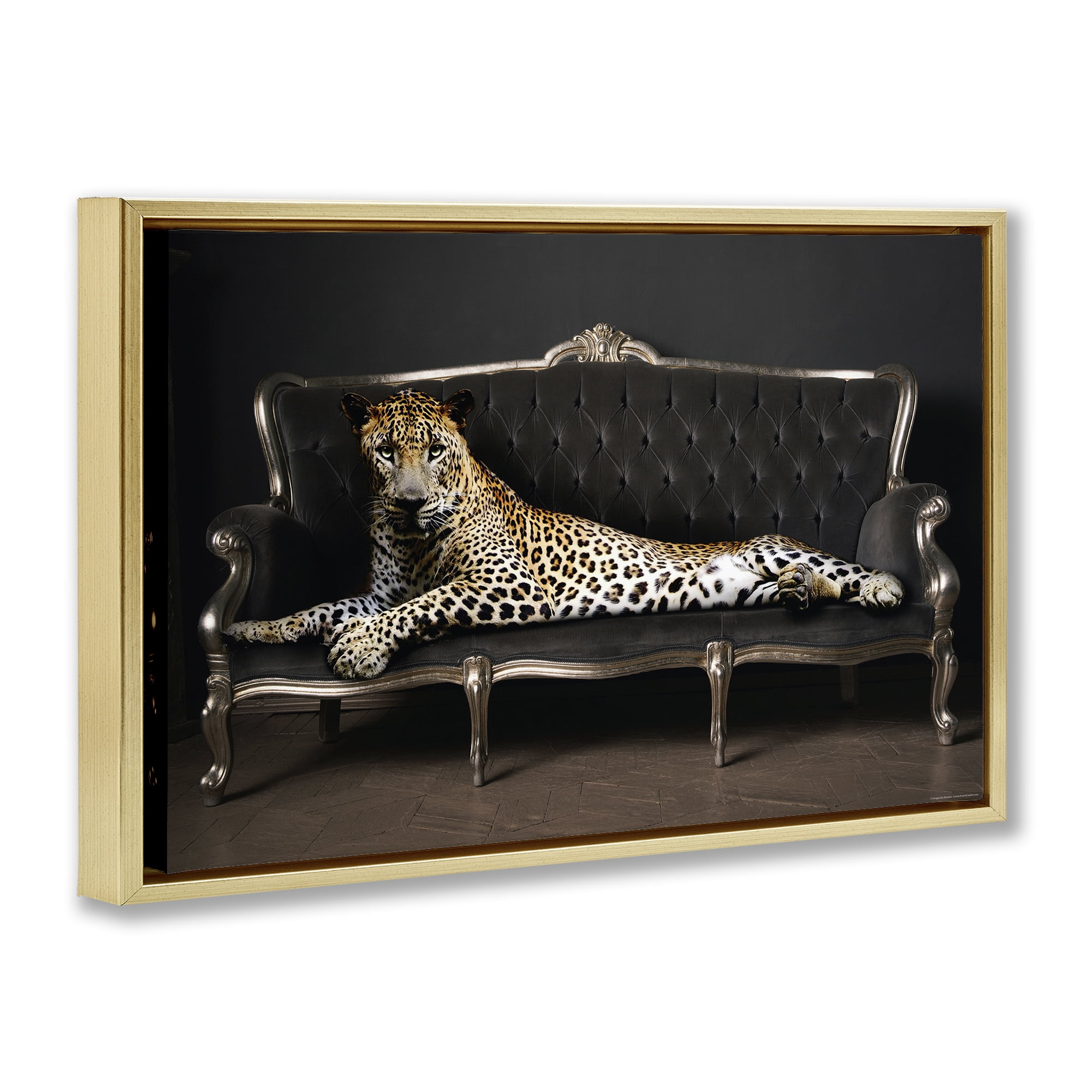 Stupell Industries Cheetah Sprawled on Couch Animals Painting Gold Floater Framed Canvas Art Print Wall Art, 25 x 17