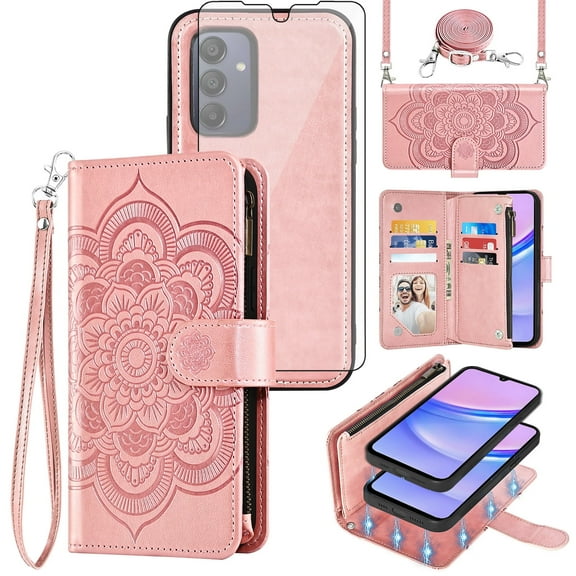 Asuwish Phone Case for Samsung Galaxy A15 5G/4G Zipper Wallet Magnetic Detachable Cell Cover with Tempered Glass Screen Protector Crossbody Strap Flower Card Holder Slot A 15 G5 15A Women Pink
