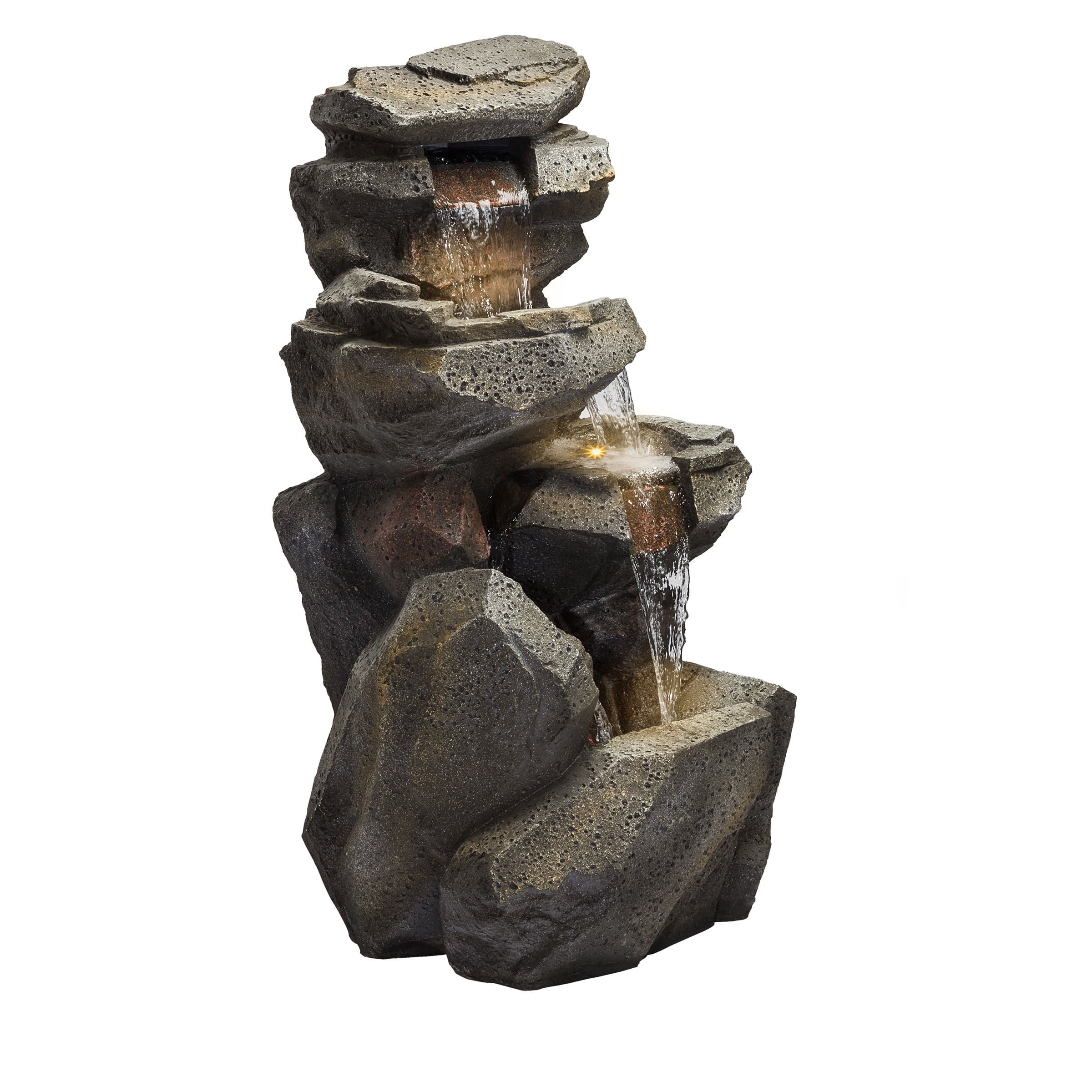 Alpine Corporation WIN1184 40" Outdoor Floor 3-Tiered Rock Waterfall Fountain with LED Lights, Natural Stone Look – Cascading Water Feature for Gardens, Patios, Yards, and Outdoor Décor, Gray