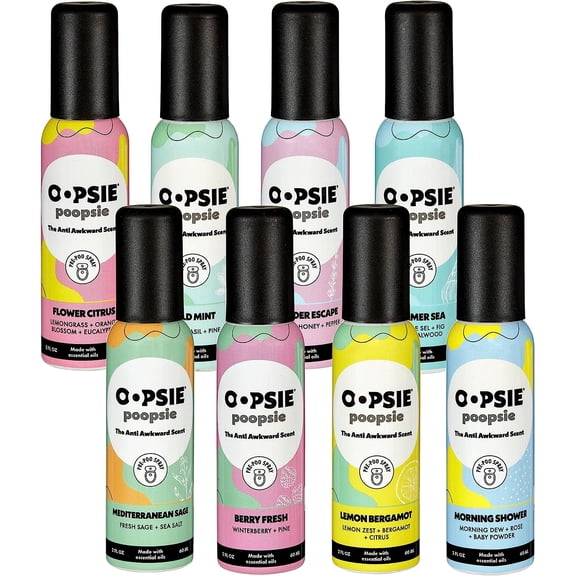 Oopsie Poopsie Pre-Poo toilet spray, discreet & portable original odor deodorizer scents. Pocket-friendly pre-poo spray to use on the go 2oz 8-bottle variety pack for 8-distinct aroma experience