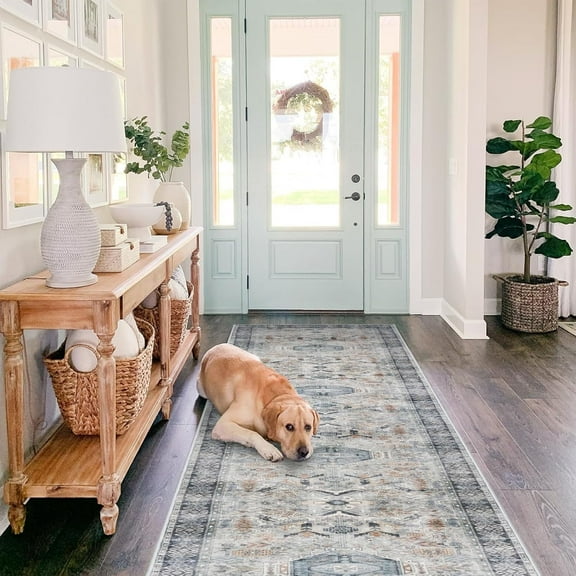 RUUGME Washable Runner Rug 2.6'x12' - Vintage Kitchen Area Rug Stain Resistant Rugs for Living Room Bedroom Laundry Room Mat Distressed Rug Hallway Floor Carpet Runner for Bathroom(Grey/Blue)