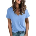 thumbnail image 4 of Camiseta de un solo bolsillo para mujer, Jersey de manga corta con cuello en V, Tops de oficina para mujer, camisetas de Color sólido 2024, 4 of 5