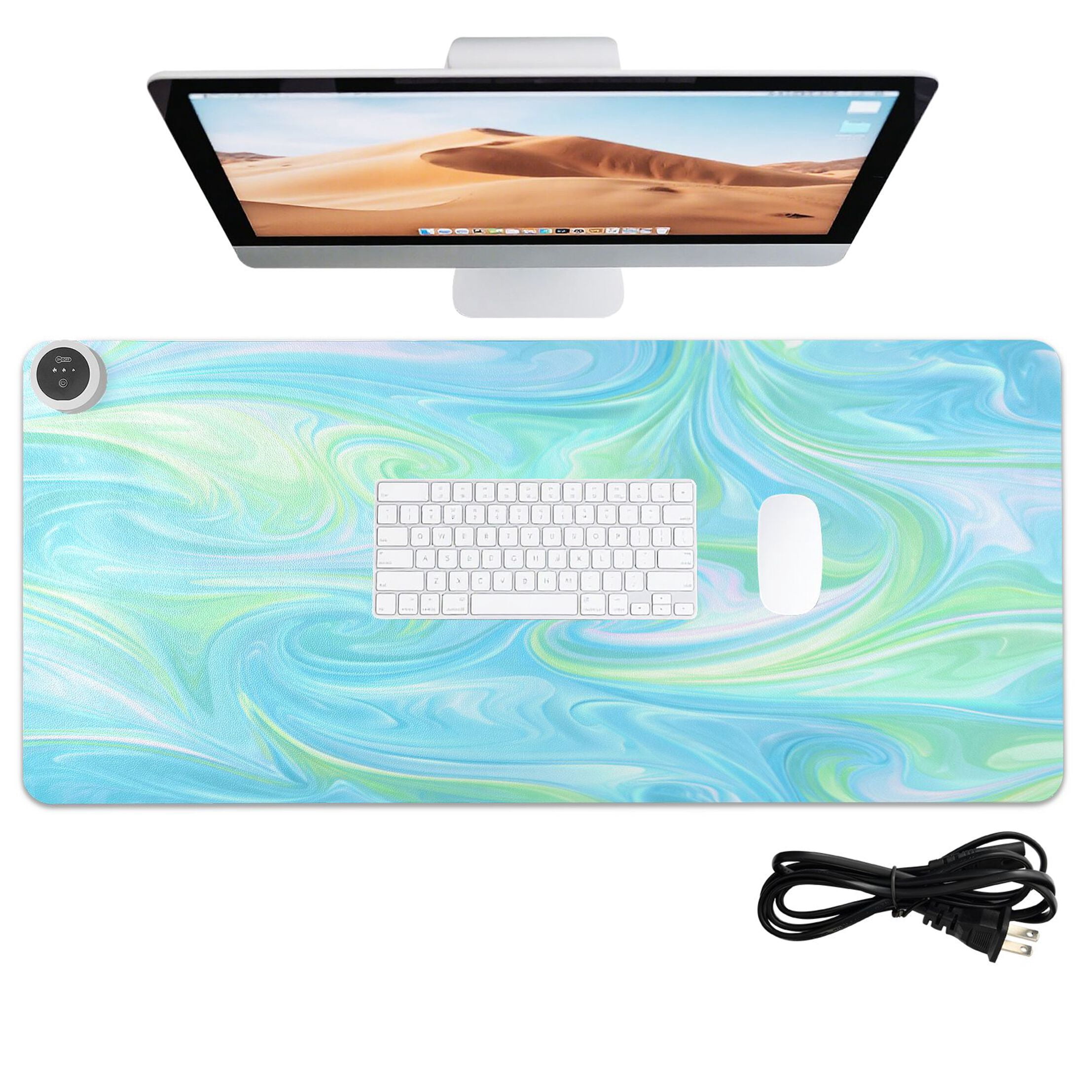 Large Heated Desk Mat Mouse Pad 31.5"x13"PU Leather Graphene Heating Desk Warmer with 3 Temperature Settings 110V US Plug Non-Slip Warm Pad for Home, Office, and Gaming Iridescent Swirl Marble Print