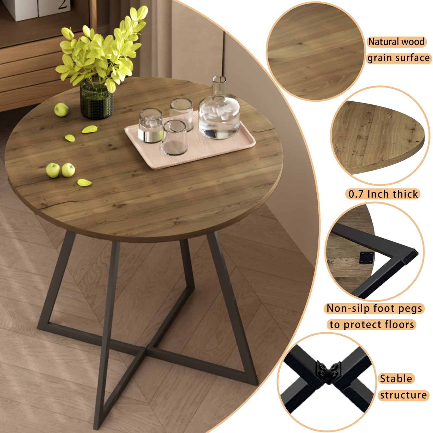 31.5" Round Dining Table, Modern Small Kitchen Table with Wood-Look Top & Black Metal Legs, Compact Circle Dining Table for 2-4 People, Apartment, Breakfast Nook & Home Office, Brown