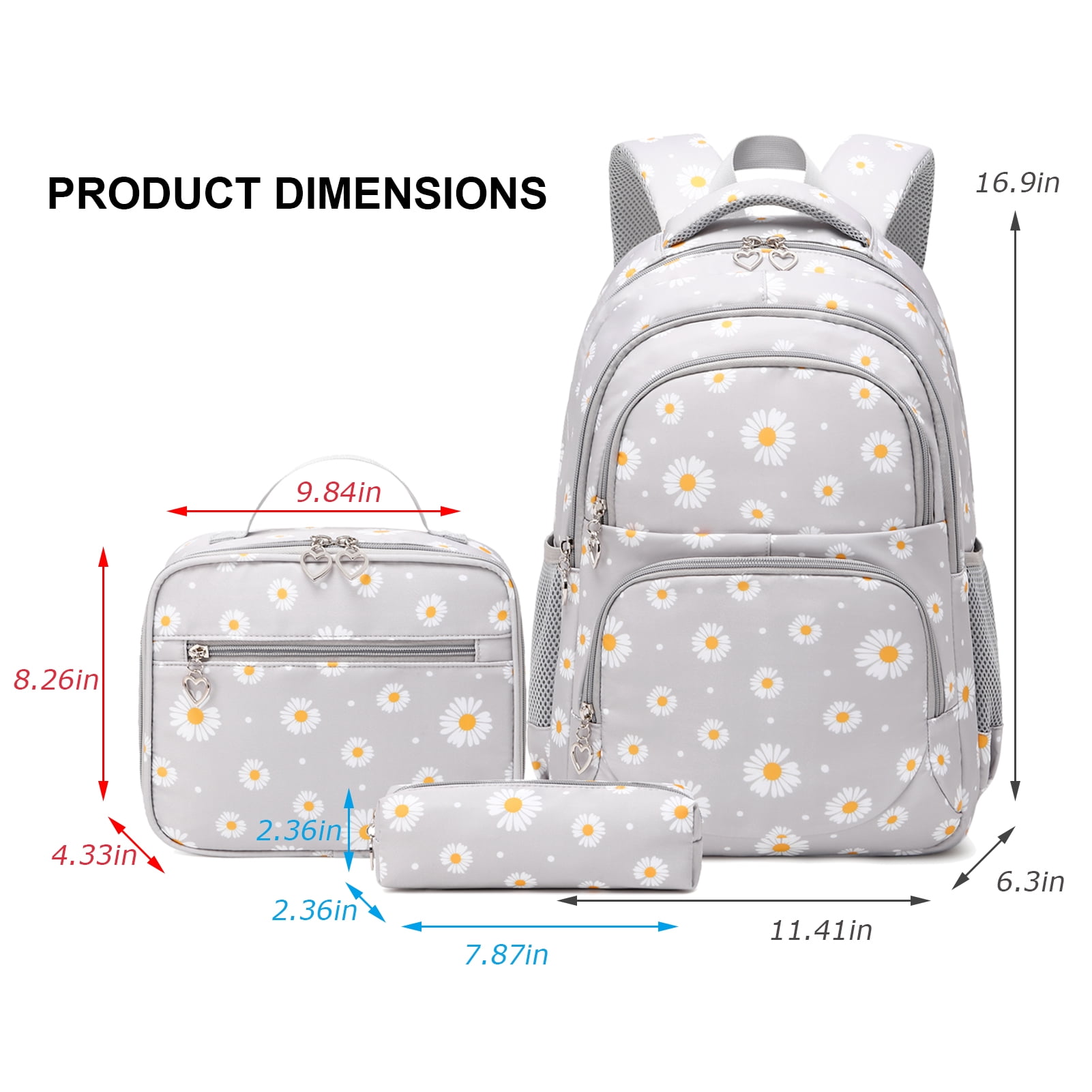 Forestfish 3-Piece Backpack Set for School,Large Capacity Teen Backpack with Insulated Lunch Bag & Pencil Case,Waterproof with Laptop Compartment & Side Pocket(Daisy A/Gray)